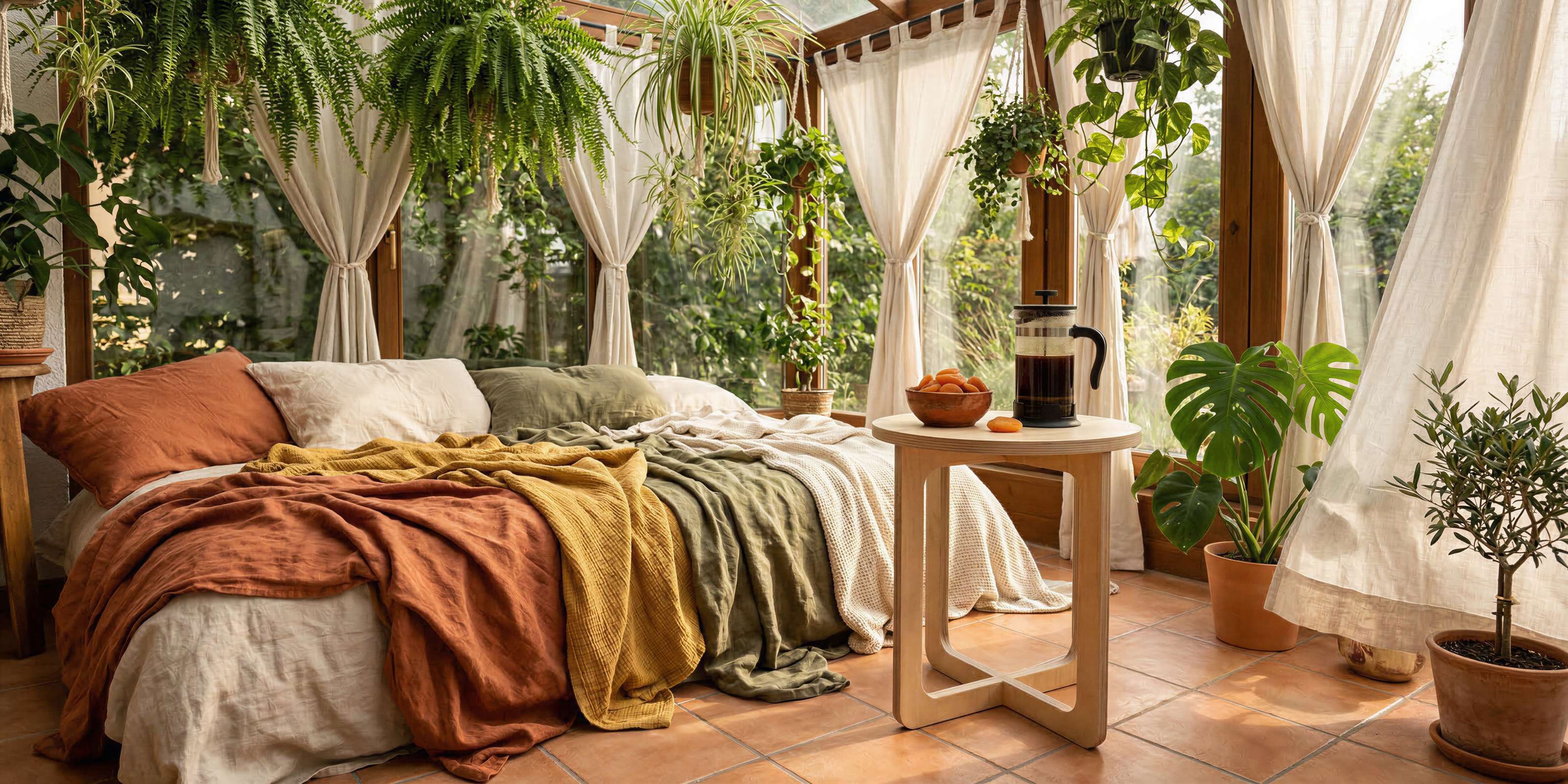 MUTAO Beistelltisch V1 neben einem Bett im Wintergarten mit Pflanzen und French Press