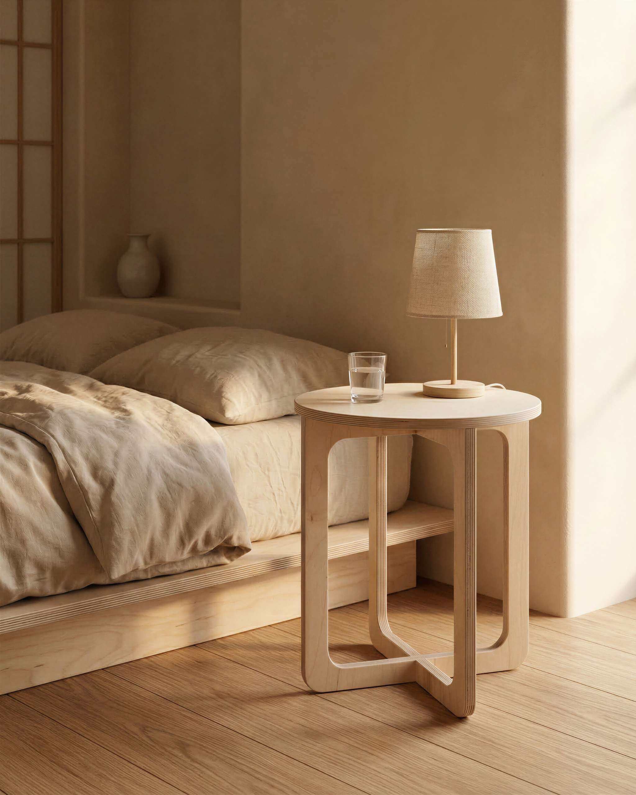 MUTAO Beistelltisch V1 als Nachttisch im Japandi-Schlafzimmer mit Lampe und Wasserglas