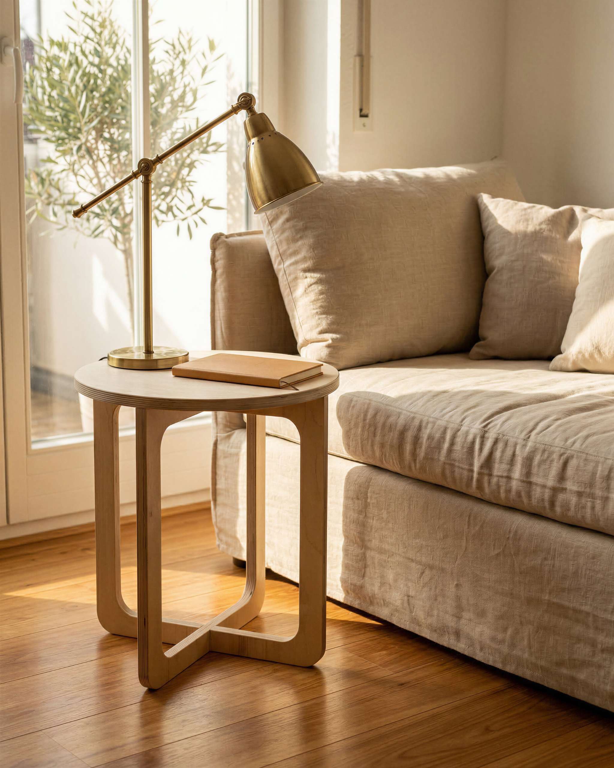 MUTAO Beistelltisch V1 neben einem Leinensofa mit Messinglampe und Notizbuch bei Tageslicht