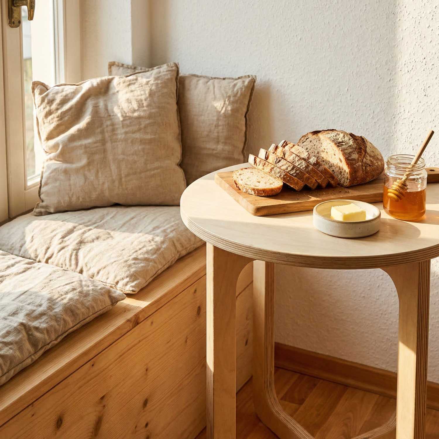 MUTAO Beistelltisch V1 am Fenstersitz mit frischem Brot und Honig beim Fruehstueck