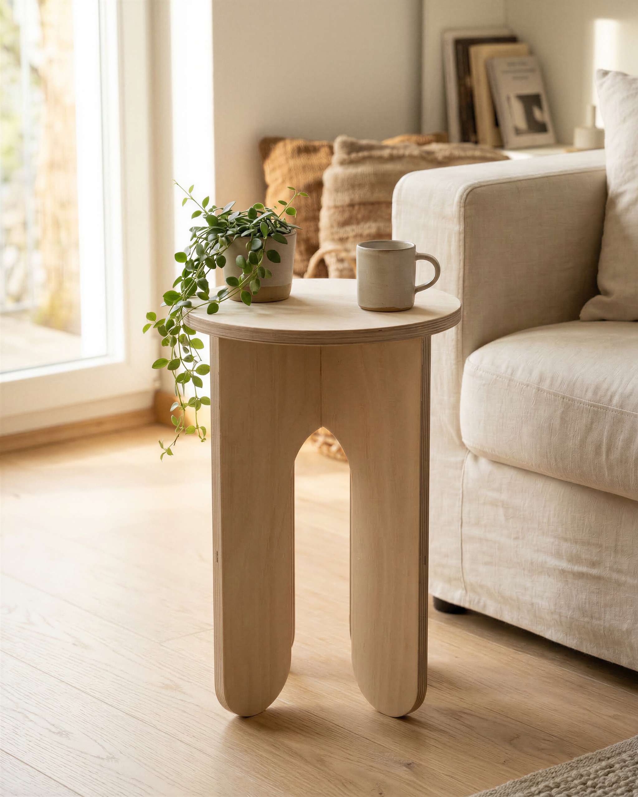 MUTAO Beistelltisch V3 aus Birke Multiplex neben einem Sofa mit Haengepflanze und Keramiktasse