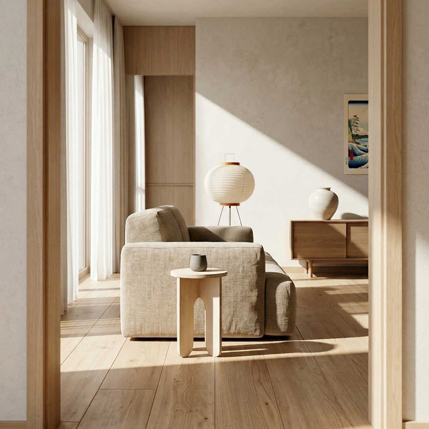 MUTAO Beistelltisch V3 neben Sofa mit Akari-Lampe und Ukiyo-e-Druck im Japandi-Raum