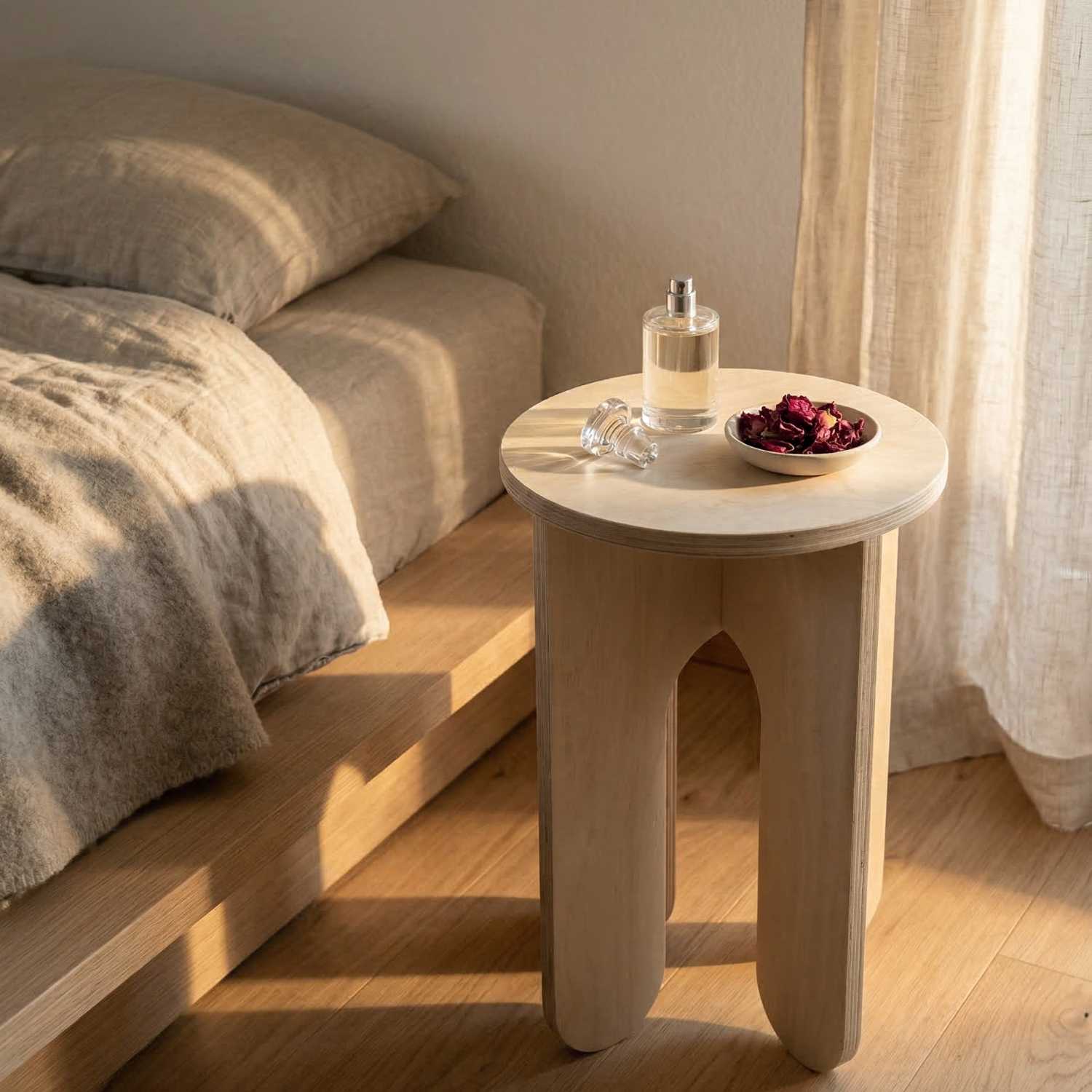 MUTAO Beistelltisch V3 als Nachttisch mit Parfumflakon und Rosenblaettern im Sonnenlicht