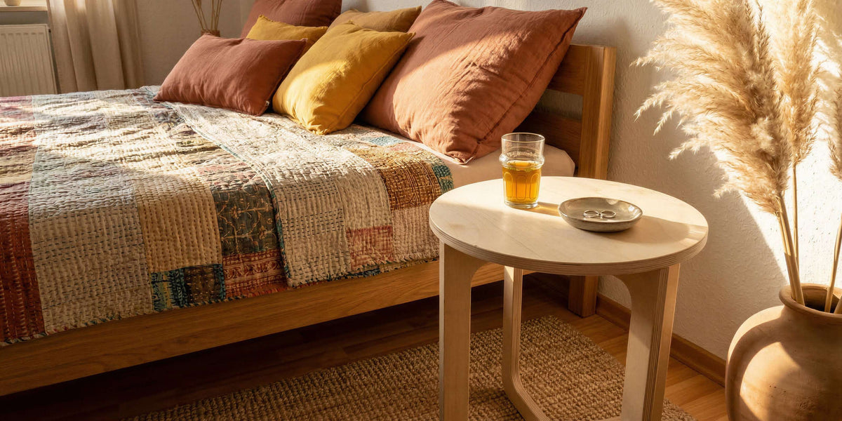 MUTAO Beistelltisch V1 als Nachttisch im Boho-Schlafzimmer mit Patchwork und Pampasgras
