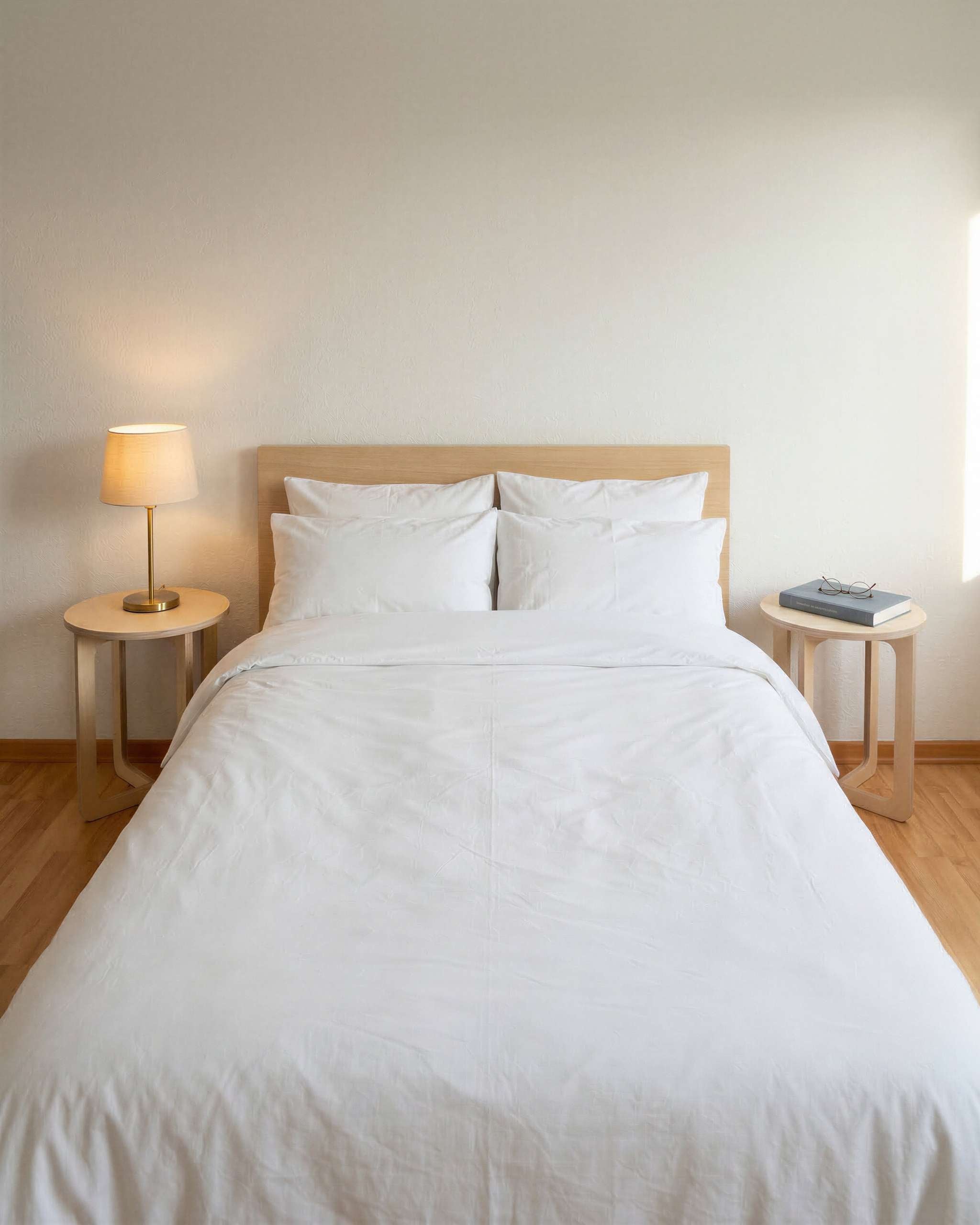 Zwei MUTAO Beistelltische V1 als Nachttisch-Paar im minimalistischen Schlafzimmer