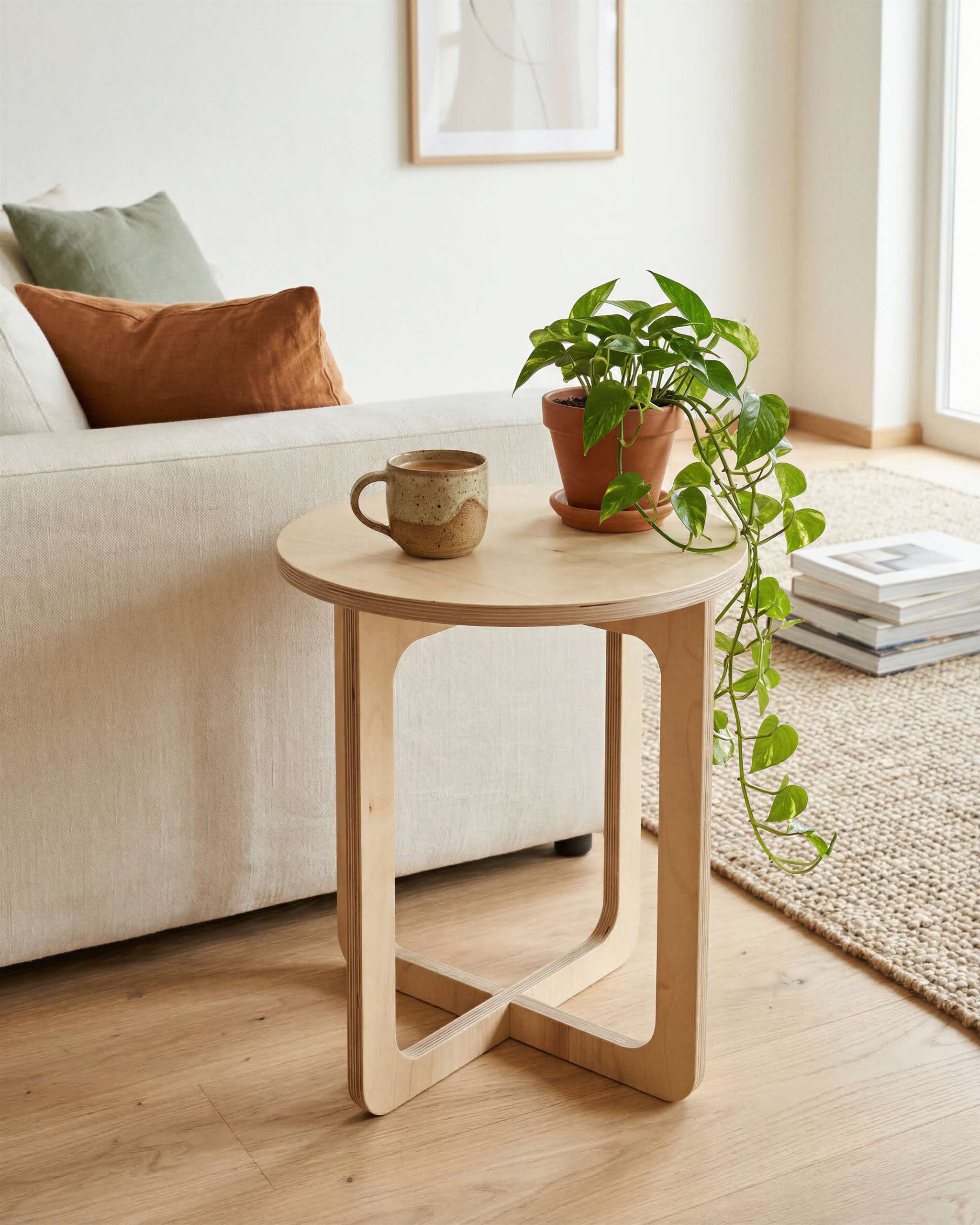 MUTAO Beistelltisch V1 aus Birke Multiplex mit Haengepflanze neben einem hellen Sofa