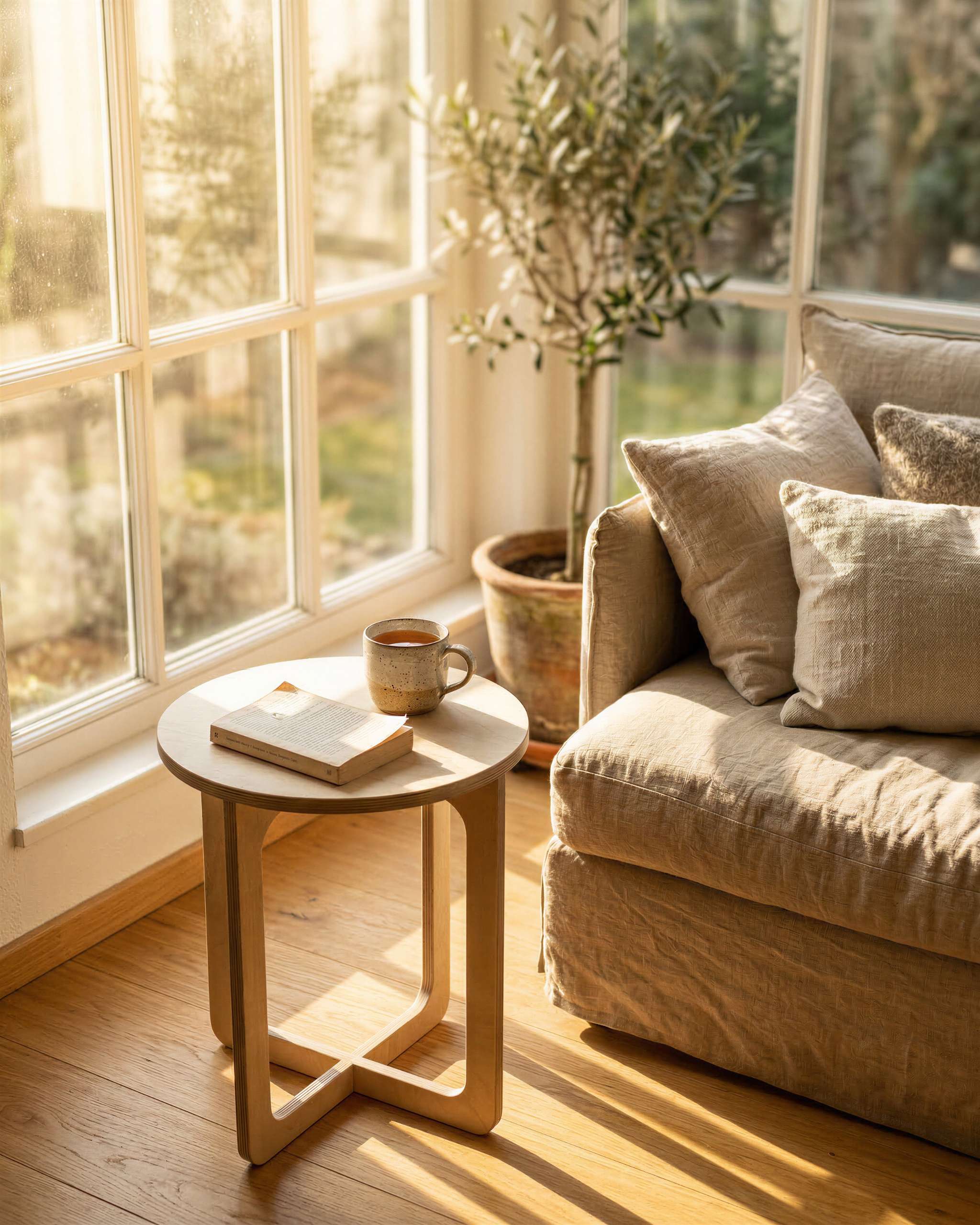 MUTAO Beistelltisch V1 aus Birke Multiplex neben einem Sofa im Sonnenlicht mit Olivenbaum
