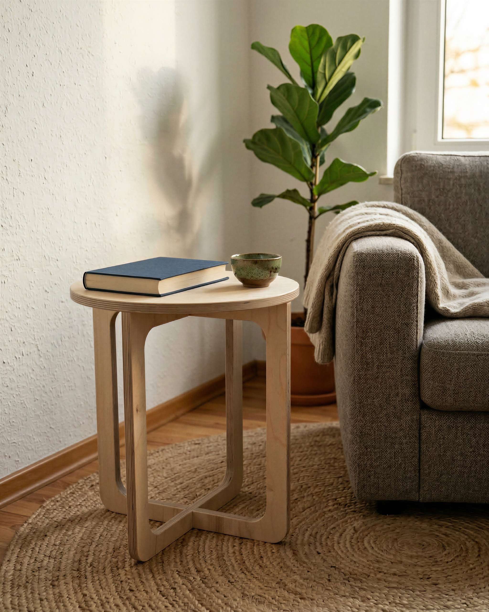 MUTAO Beistelltisch V1 neben einem Sofa im Wohnzimmer mit Geigenfeige und Juteteppich