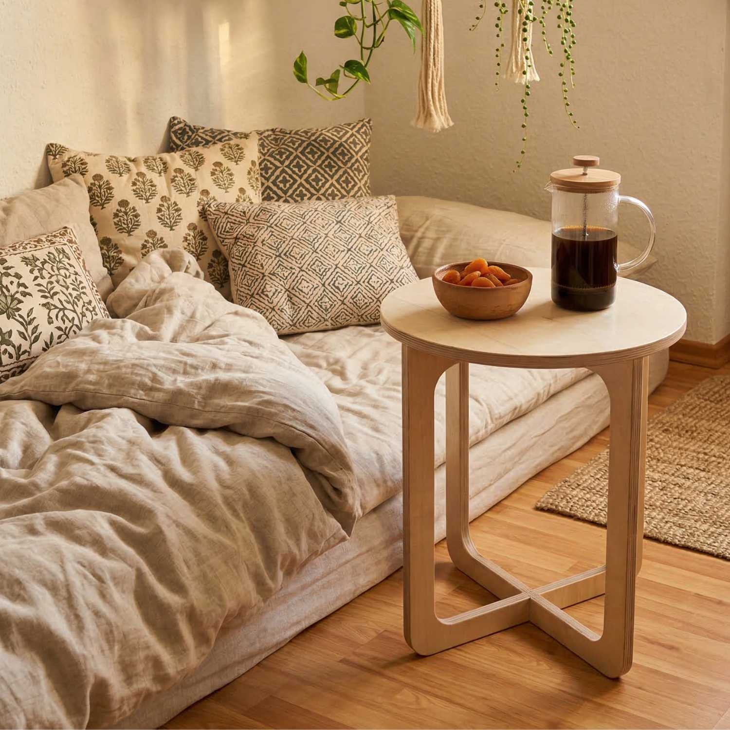 MUTAO Beistelltisch V1 neben Boho-Bodenbett mit French Press und Blockkissen