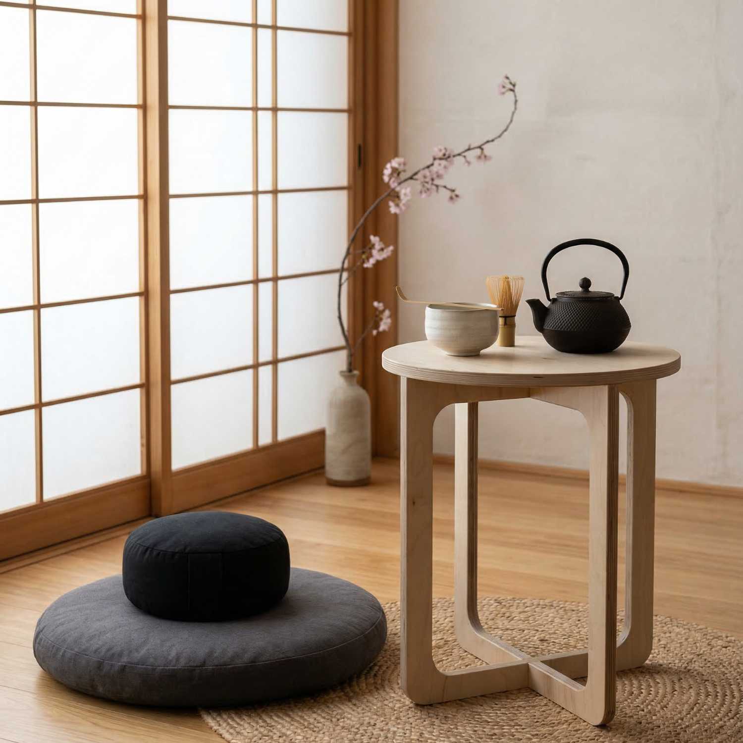 MUTAO Beistelltisch V1 neben Meditationskissen mit Matcha-Set und Eisenteekanne
