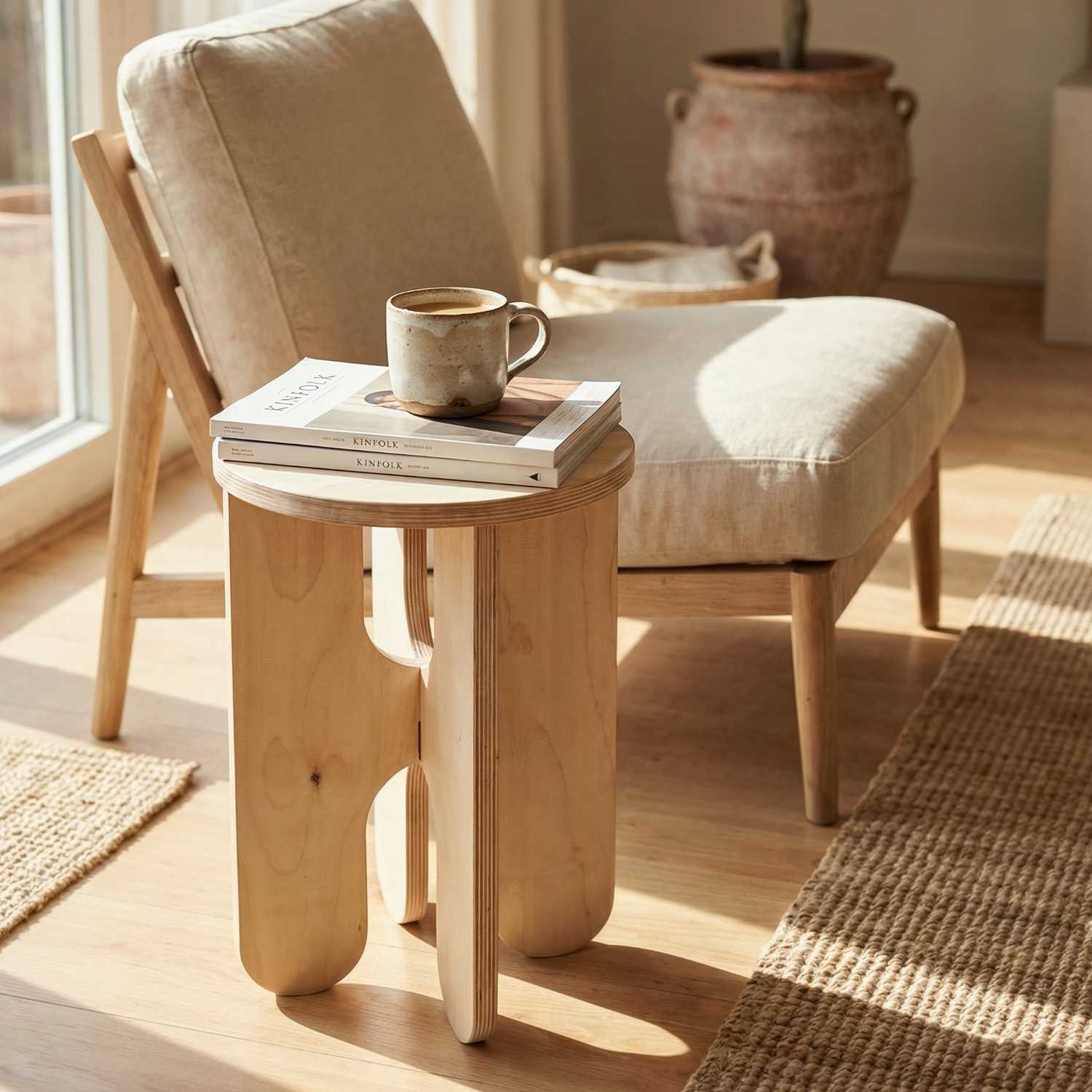 MUTAO Beistelltisch V2 neben einem Sessel mit Kinfolk-Magazinen und Keramiktasse