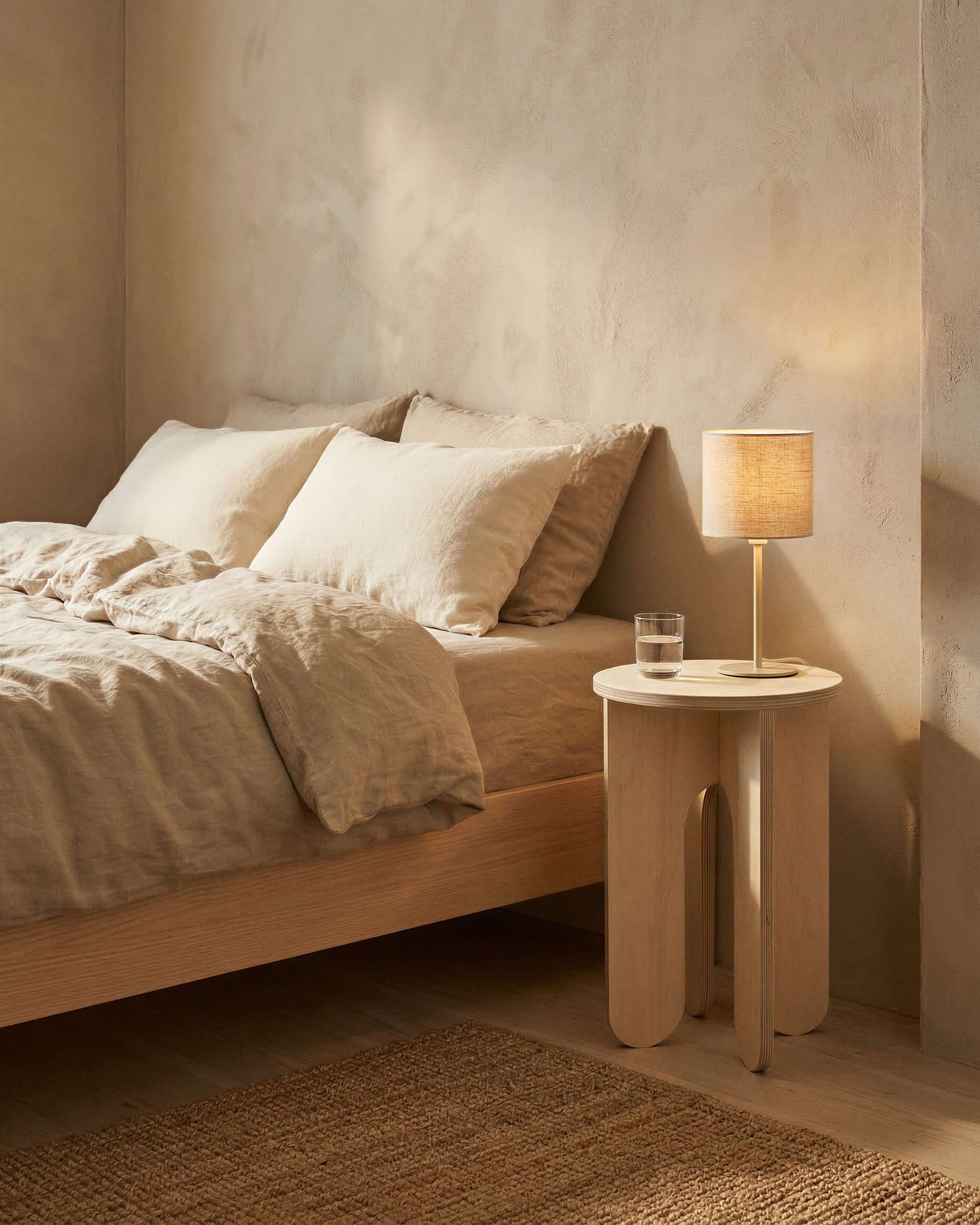 MUTAO Beistelltisch V3 als Nachttisch im Schlafzimmer mit Leselampe und Wasserglas