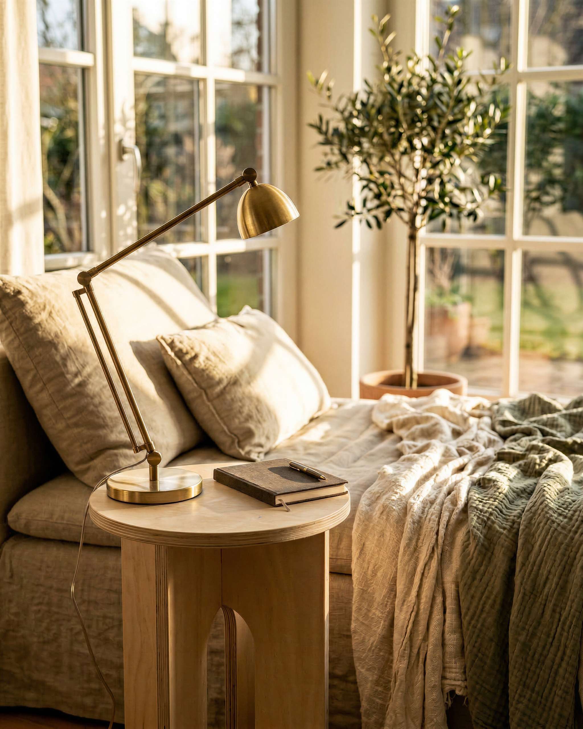 MUTAO Beistelltisch V3 neben einem Leinensofa im Sonnenlicht mit Messinglampe