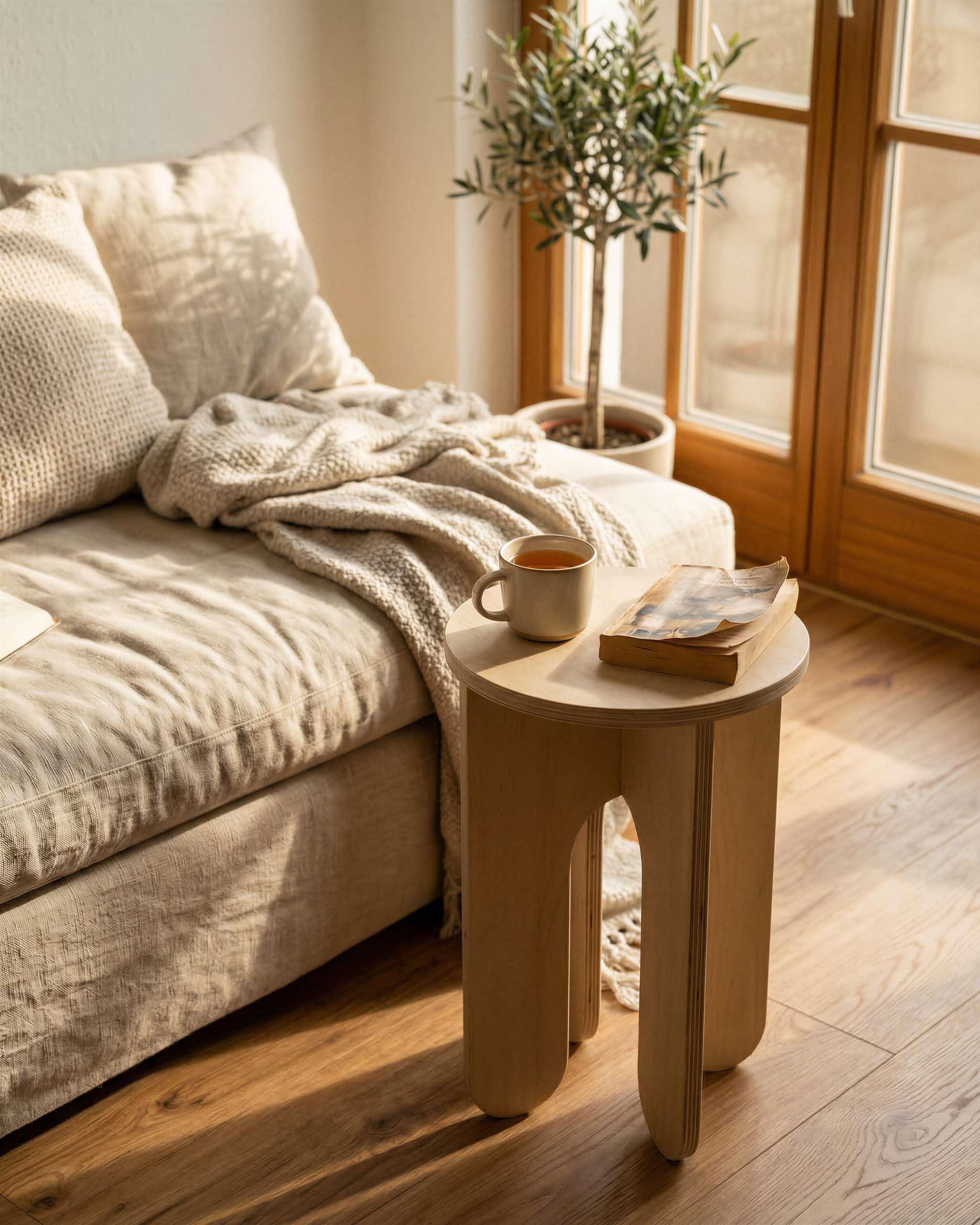 MUTAO Beistelltisch V3 neben einem Sofa mit Teetasse und Buechern bei warmem Tageslicht